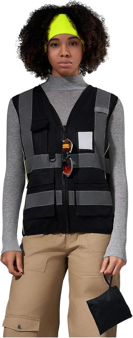 A-SAFETY High Vis Safety Vest for Women - Reflective Strips, Multi-Pockets, Zipper Closure (Medium)