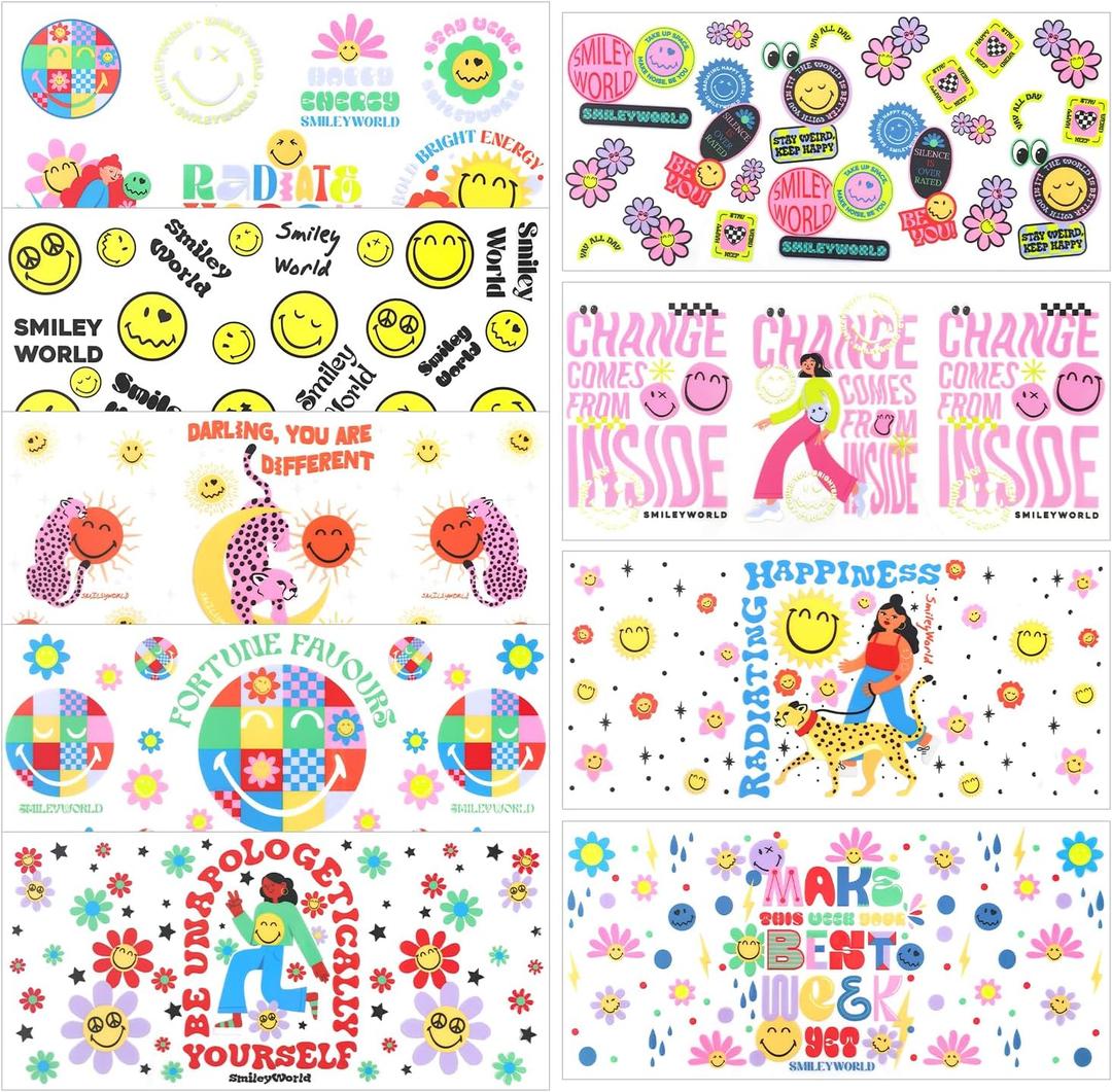 SmileyWorld UV DTF Cup Wrap Transfer for Glass, Official Licensed Rub on Transfers Decal for 16OZ Glass Cups DIY Crafts, 9 Sheets Style 1