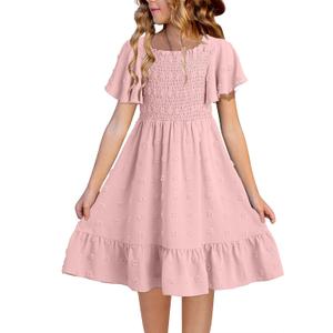 blibean Tween Girls Summer Dress Big Kids Short Sleeve Ruffle Polka Dot Smocked Dresses Party Vestidos para Niñas Size 10-11 Light Pink