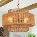 17.7" Boho Rattan Chandelier Light Fixture 4-Light Hand-Woven Bamboo Vintage Farmhouse Chandelier Drum Wicker Golden Chandeliers for Dining Room, Kitchen Island, Bedroom, Foyer