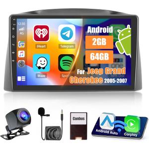 [2+64G] Hikity Android 13 Car Stereo for Jeep Grand Cherokee 2005 2006 2007 with Wireless Carplay Android Auto, 10.1" Touch Screen Car Radio GPS WiFi Bluetooth SWC Backup Camera FM Mic