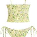 ZAFUL Tankini Swimsuits for Women Smocked Ruffles Tie Front Bowknot Textured High Cut Tanga Tankini Set (Yellow, L)