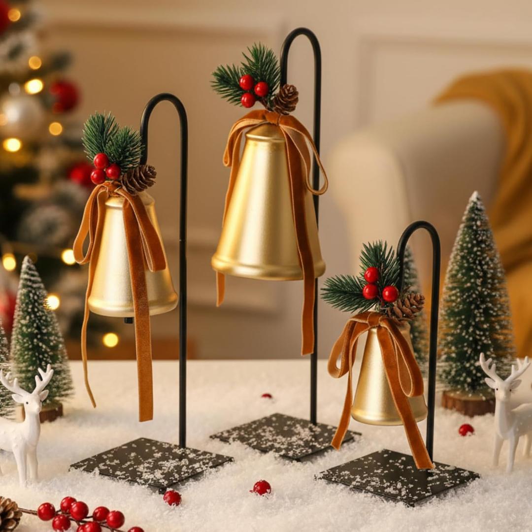 3 Pcs Christmas Bells Stands Table Decor Vintage Bell Stand Metal Cow Bells with Velvet Ribbon Metal Stand Ornament Display Bow Handmade Bell Gift for Xmas Home Rustic Farmhouse Holiday Decor