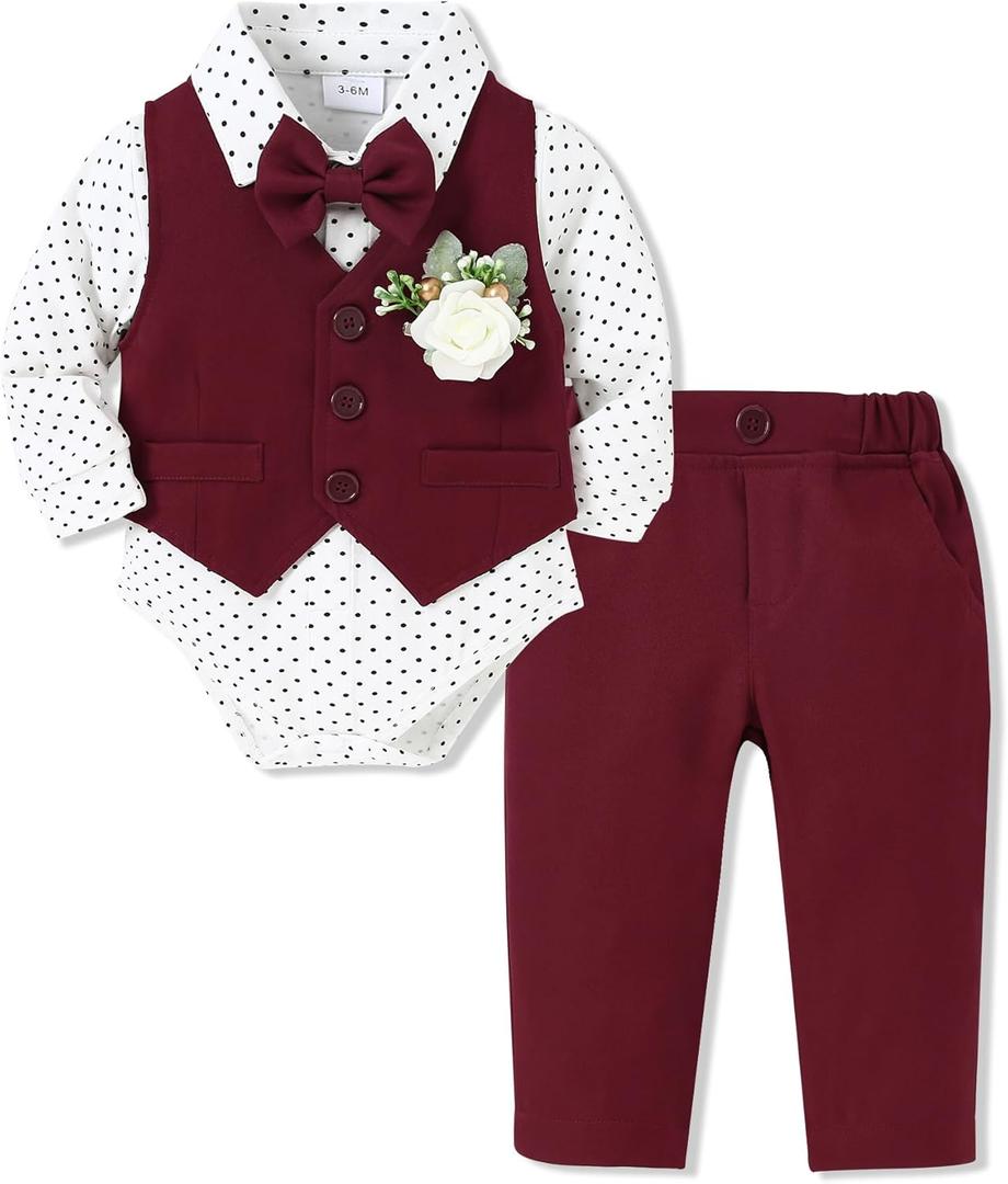SANMIO Baby Boy Clothes Suits Infant Gentleman Outfit Collared Dress Shirt,Vest,Tie,Corsage,Pants 5Pcs Baby Suit Sets, 0-3 Months Red