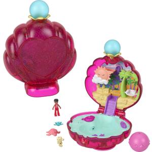 Polly Pocket Dolls & Accessories, Sparkle Beach Shell Compact with Micro Doll & Ocean Pet, Travel Toy with Water Play