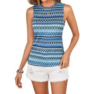 Women's Boho Tank Tops 2024 Causal Summer Sleeveless Vest Tops Geo Print Crewneck Shirts (Blue, S)