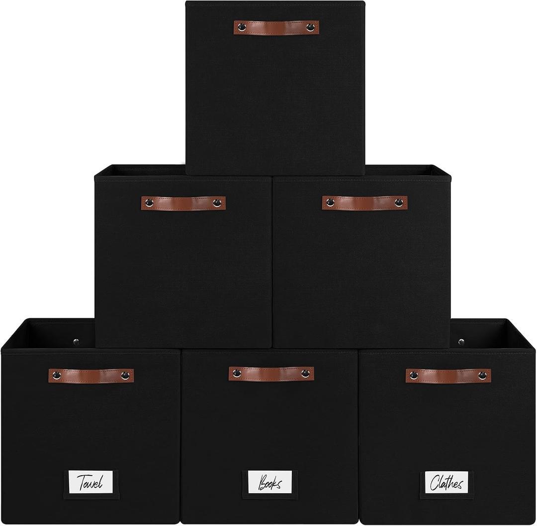 FinishingBo 6-Pack Storage Cubes with Handles & Label Holders Basket, Closet Cube Home Organizer Bins(Black, 13 x 13 x 13 inch)