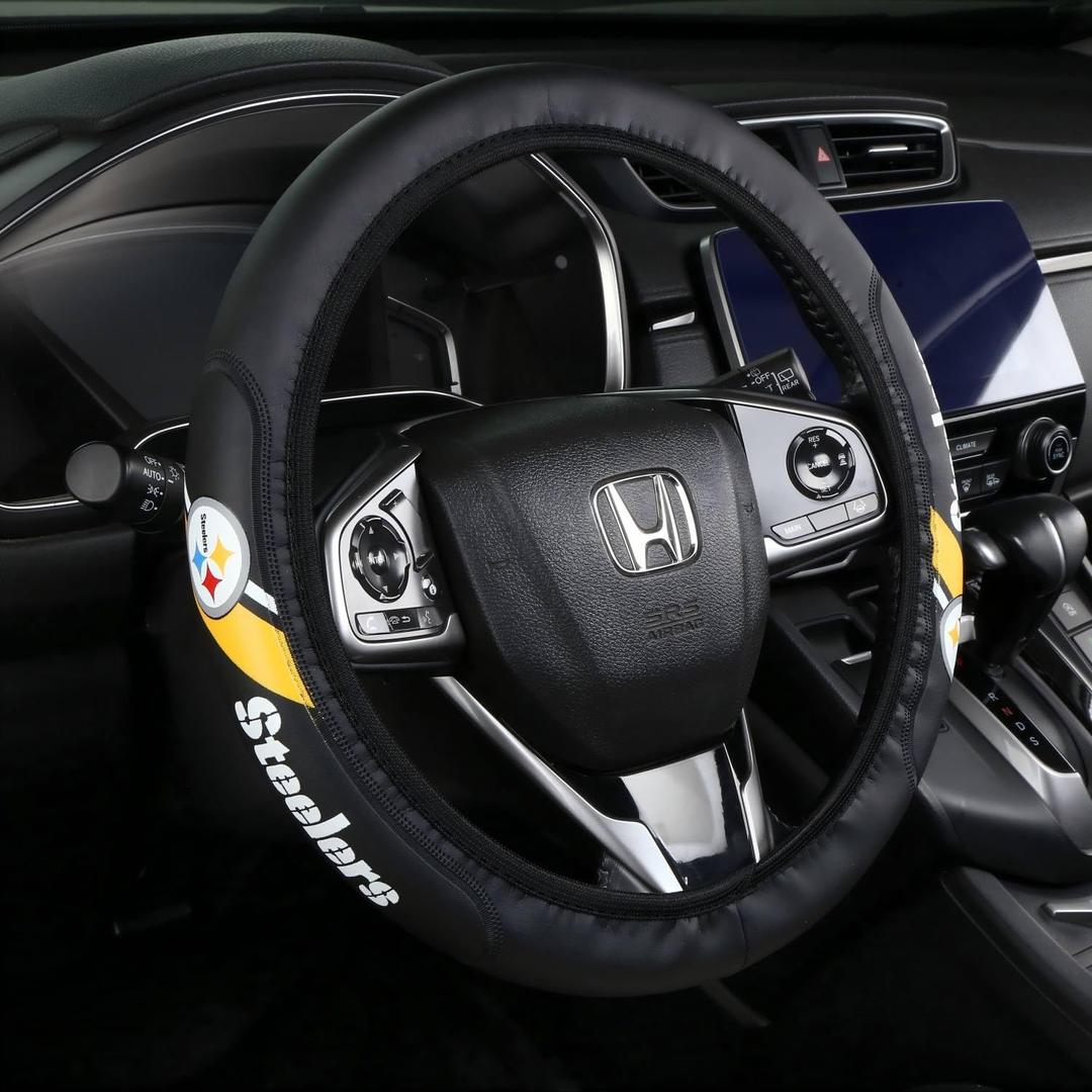for Steelers Leather Steering Wheel Cover Car Accessories, Non-Slip, Elastic, for Men and Women, fit 14-15 Inch All Vehicle Steering Wheel Cover, Black
