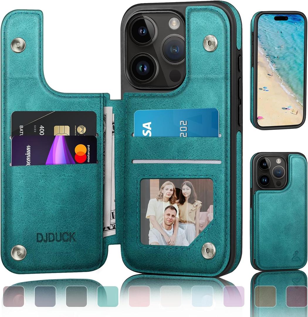 DJDUCK Designed for iPhone 14 Pro Case Wallet with Card Holder, [Magnetic Clasp Cover] [RFID Blocking Leather Protection] Shockproof Women Men Cases 6.1 Inch for Apple 14 Pro Blue Green
