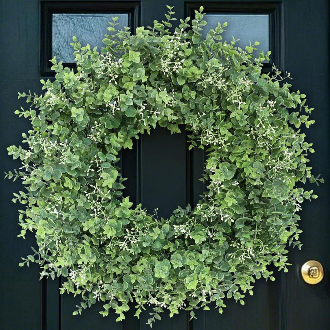26'' Eucalyptus Wreath for Front Door - Large Artificial Eucalyptus Leaves with White Seeds Greenery Outdoor Wreath for Porch,Window,Farmhouse,Home,Hanging Decor- Spring, Summer, All Seasons (Green)