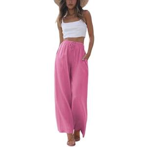 Faleave Women's Cotton Linen Summer Palazzo Pants Flowy Wide Leg Beach Trousers with Pockets Size Large