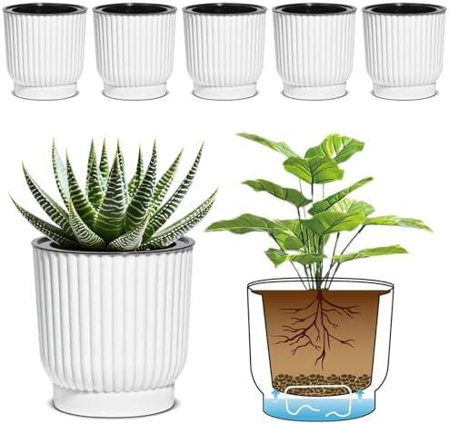 T4U 4 Inch Plant Pots Self Watering, 6 Pack African Violet Pots, Small Plant Pots for Plants, Small Indoor Plant Pot, Self Watering Planter for African Violet, Succulents (6 Pack, 4", White)