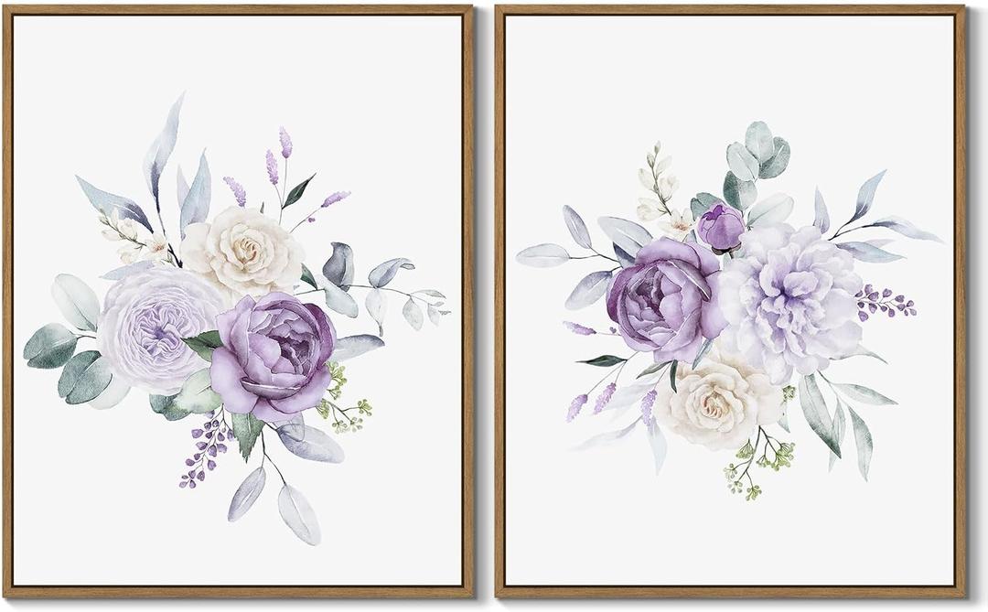 Set of 2 Watercolor Floral Wall Art Purple Blossom Peony Canvas Art Prints Nature Flower Botanical Wall Decor Framed and Ready to Hang for Living Room Bedroom Bathroom Home Wall Decoration, 11x14 Inch