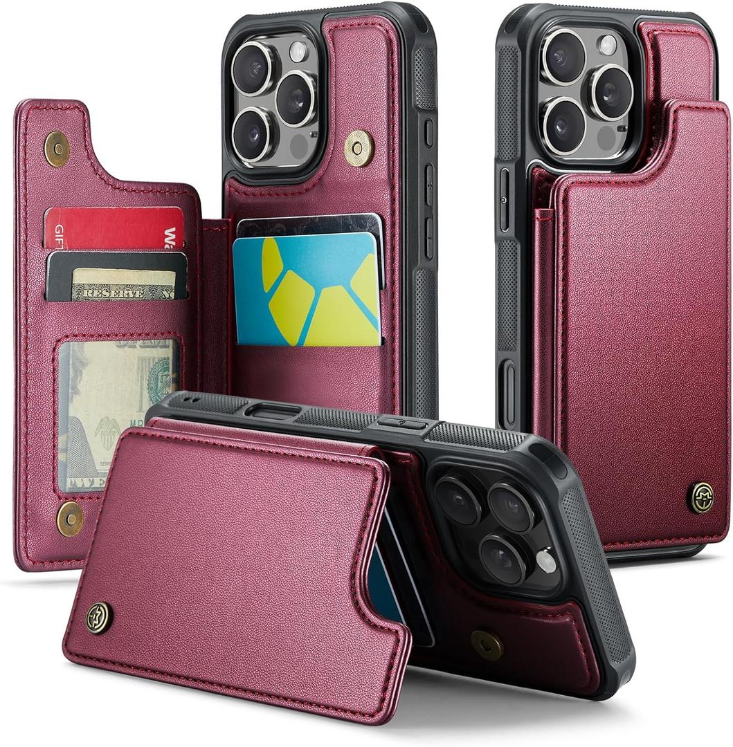 Compatible with iPhone 16 Pro 6.3" Wallet Case with Card Holder RFID Blocking for Women Men, Double Magnetic Clasp Kickstand Shockproof Phone Case Fit for iPhone 16 Pro, Red