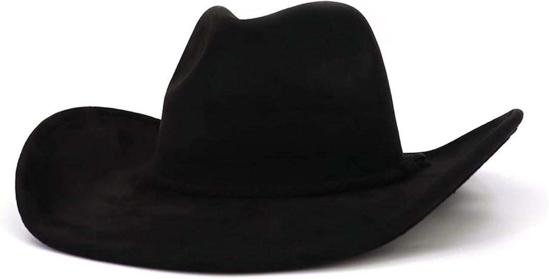 Western Cowboy Hat for Women Men Classic Fedora Hats Wide Brim Suede Cowboy Hat for Women with Buckle Belt (Black)
