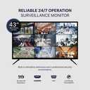 43 Inch Surveillance Grade Large Size 24/7 4K Monitor Screen, 4K LCD Monitor, HDMI/VGA/DVI/BNC Inputs, 3840 x2160 HD, 16:9, 8.5ms Response, Designed for CCTV Security DVR/NVR Camera System