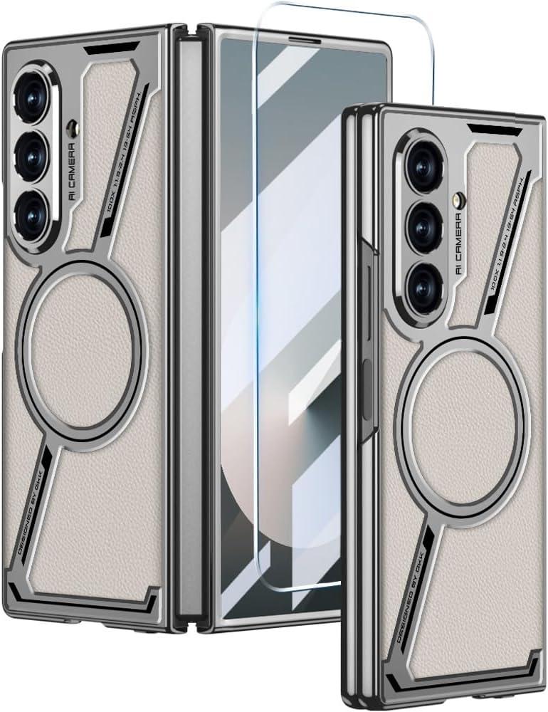Magnetic for Samsung Galaxy Z Fold 7 5G Leather Case,[Compatible with Wireless Charging] Business Luxury PU Leather Shockproof Protective Slim Phone Cover for Samsung Galaxy Z Fold 7 (Beige)
