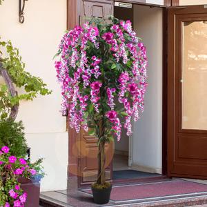 Thiccywoov 1 Pack 5ft Artificial Wisteria Tree Tall Fake Tree with Cement Base Pot Faux Floor Plant Decoration for Indoor Outdoor Home Office Housewarming Gift(Rosy Pink)