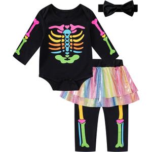 PROMOTED TO BIG SISTER Baby Girls Skeleton Halloween Costume Outfit Long Sleeve Skull Tulle Skirt Set (6-12 Months, Black)