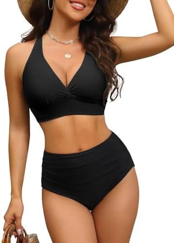 GVAOO Women's High Waisted Bikini Set Large Bust Supportive Crossover Back V-Neck Two-Piece Swimsuit Bathing Suits (Medium)