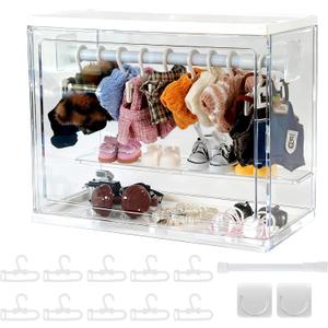 Clear Display Case Compatible with Labubu 15/17cm Doll Clothes & Accessories, Includes 10 Hangers, 1 Rod & 2 Supports, Stackable Doll Wardrobe Acrylic Organizer Shelf