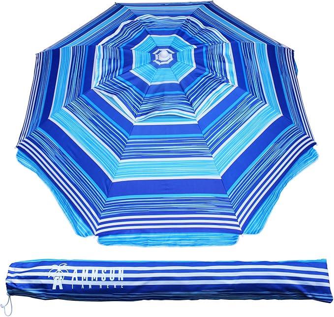 AMMSUN 6.5 ft Heavy Duty Beach Umbrella for Sand with tilt Air Vent Sun Shelter, UV 50+ Protection Outdoor Sunshade Umbrellas and Parasols with Carry Bag for Patio Garden Beach Pool stripe Blue