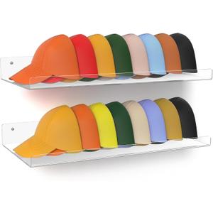 upsimples 2-Pack Acrylic Floating Hat Shelves, Wall-Mounted Hat Holder Fits up to 20 Hats - Hat Organizer for Baseball Cap Storage in Closet, Bedroom, Entryway, and Laundry Room (16.8x8.6'')