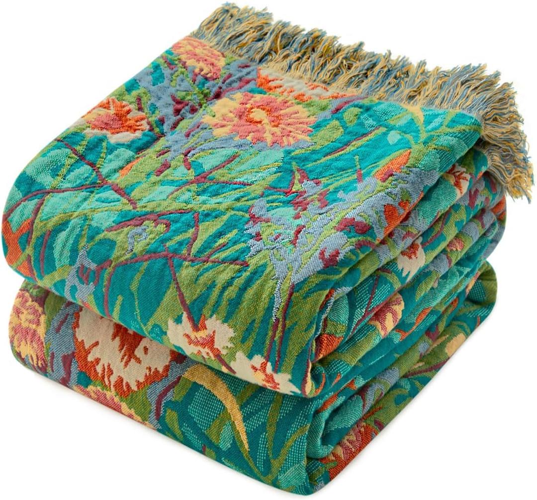 Boho Throw Blanket - 90"x90" 100% Cotton Ultra Soft Lightweight Spring Blanket, 4-Layer Breathable Muslin Blankets for Bed Couch, Reversible Green Floral Printed Bohemian Cotton Quilt