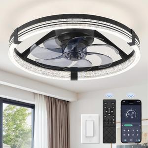 ZMISHIBO Low Profile Ceiling Fans with Lights, Flush Mount Modern Ceiling Fan and Remote Control, 20" LED Ceiling Fans, Stepless Dimmable 3 Colors and 6 Speeds (Black)