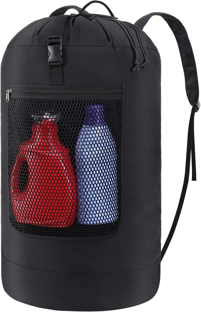 F-color Laundry Bag Backpack Heavy Duty - Large Capacity Laundry Backpack with Comfort Straps, Mesh and Zip Pocket, Sturdy Hamper Bag for Dorm, College, Travel, Laundromat, Apartment, 75L Black