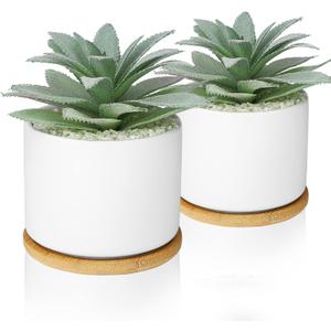 Hopewood Artificial Succulents Plant, Faux Agave Succulent Plant in Ceramic Pots with Bamboo Tray, Fake Potted Plants for Office Desk Living Room Decor(Set of 2)