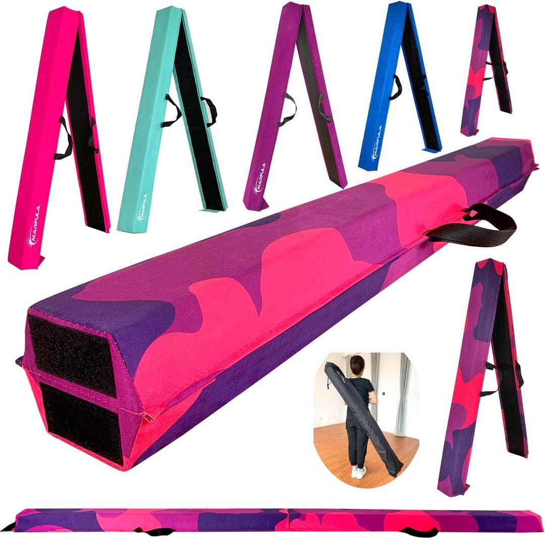 9 FT Folding Gymnastics Beam Foam Balance Floor Beam - Extra Firm - Suede Cover - Anti Slip Bottom with Carry Bag for Kids/Adults Home Use (PinkPurple-Camo)