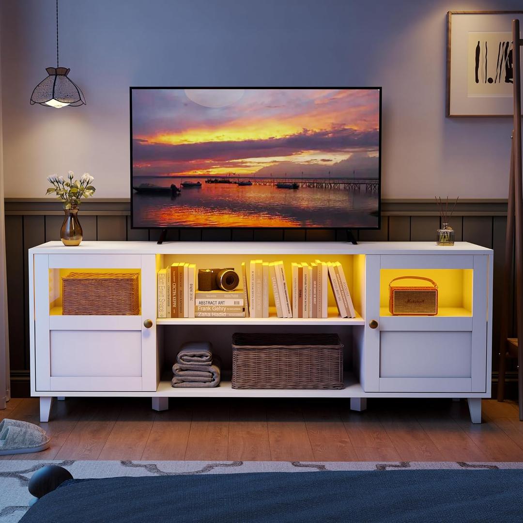 TV Stand for 65 inch TV with LED and Storage, White Morden TV Entertainment Center for Bedroom, TV Console with 2 Open Shelves and 2 Doors, Wood TV Cabinet with LED Lights for Living Room