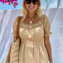 Womens Short Sleeve Babydoll Tops Square Neck Ruffle Peplum Blouse Smocked Loose Fit Tunic Top Dressy Tee Shirts (Beige)