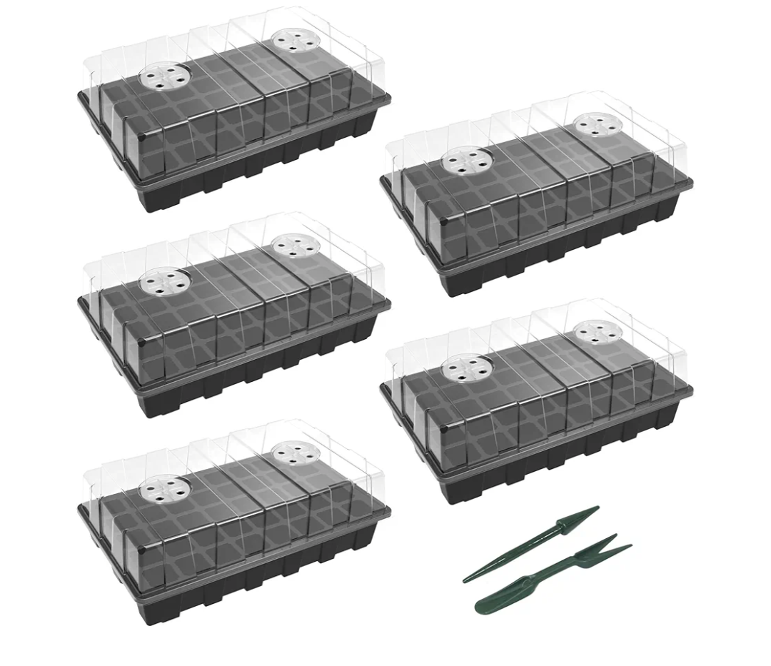 Gardzen 5-Set Seed Starter Tray Kits, Durable Plant Germination Trays with Humidity Vented Domes and Bases, Ideal for Seed Starting, Indoor Gardening, and Greenhouse (Total 200 Cells)