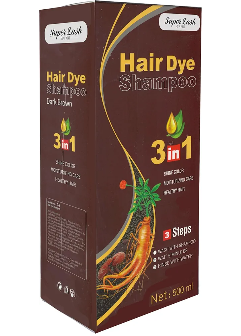 Super Lash Mei du 3-in-1 Hair Dye Shampoo, 500ml | Instant Coloring, Shine & Moisture (Dark Brown) EXP:06/03/2028