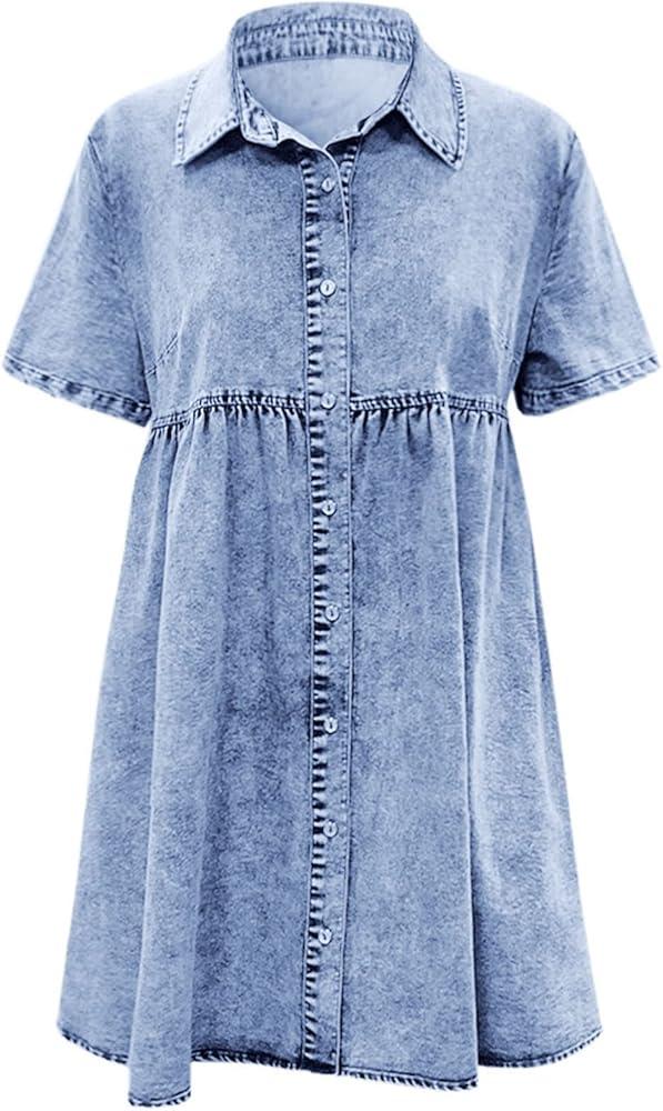 Denim Dress With Short Sleeves, Button-Down, Flowy Midi Dress, White Lace Summer Dress For Women, Bu2 (Medium, Blue)