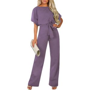 Happy Sailed Womens Loose Short Sleeve Belted Wide Leg Pant Romper Jumpsuit Business Casual One Piece Outfits (Medium) Purple