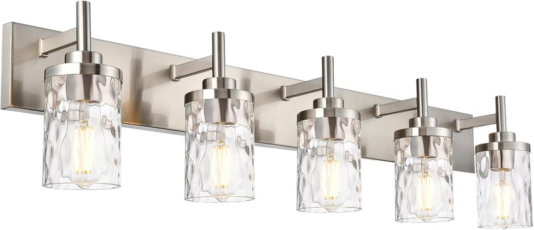5 Lights Bathroom Vanity Light Fixtures,Brushed Nickel Bathroom Lights,Modern Wall Sconce Lamp with Clear Hammered Shade for Hallway Kitchen Bedroom Corridor Staircase