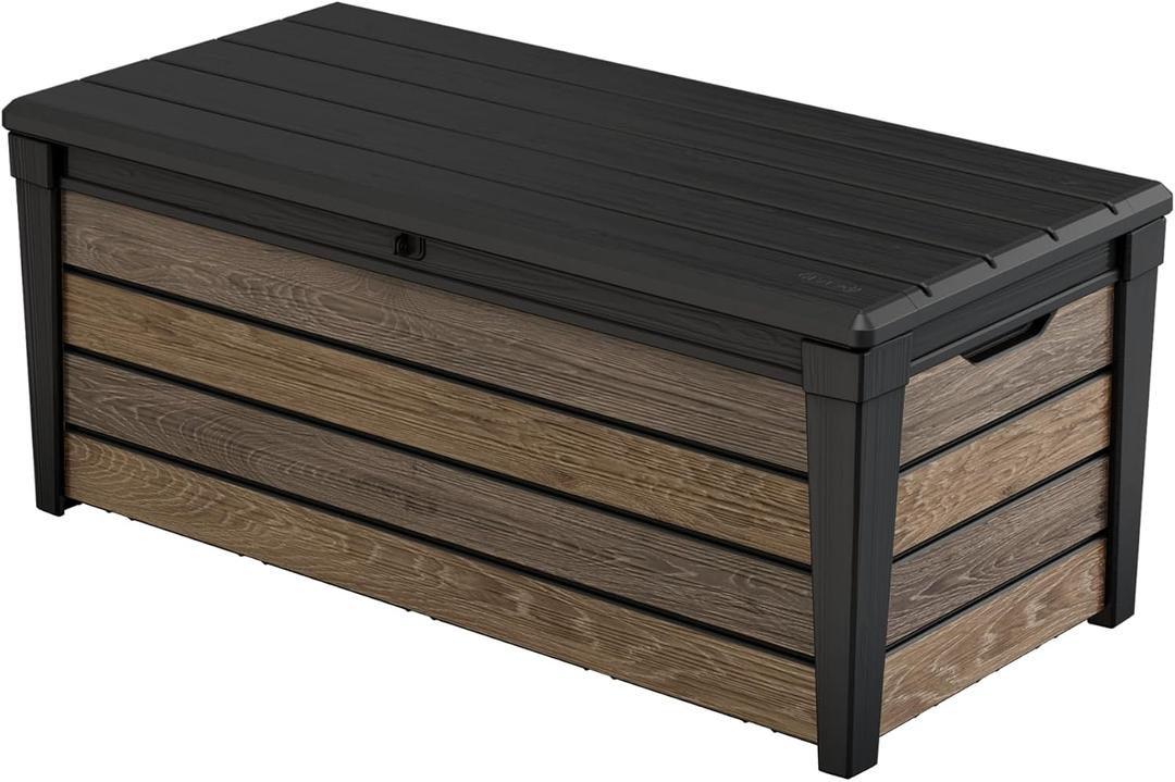 Keter Signature Collection 120 Gallon Resin Deck Box Organization and Storage Box for Patio Outdoor Cushions, Throw Pillows, Garden Tools and Pool Supplies, Walnut