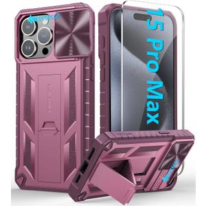 FNTCASE for iPhone 15-Pro-Max Case: Military Grade Drop Protection Rugged Shockproof Protective Cell Phone Cover with Kickstand & Camera Cover | Textured Tough Cases for 15 Pro Max 6.7'' - Hot Pink