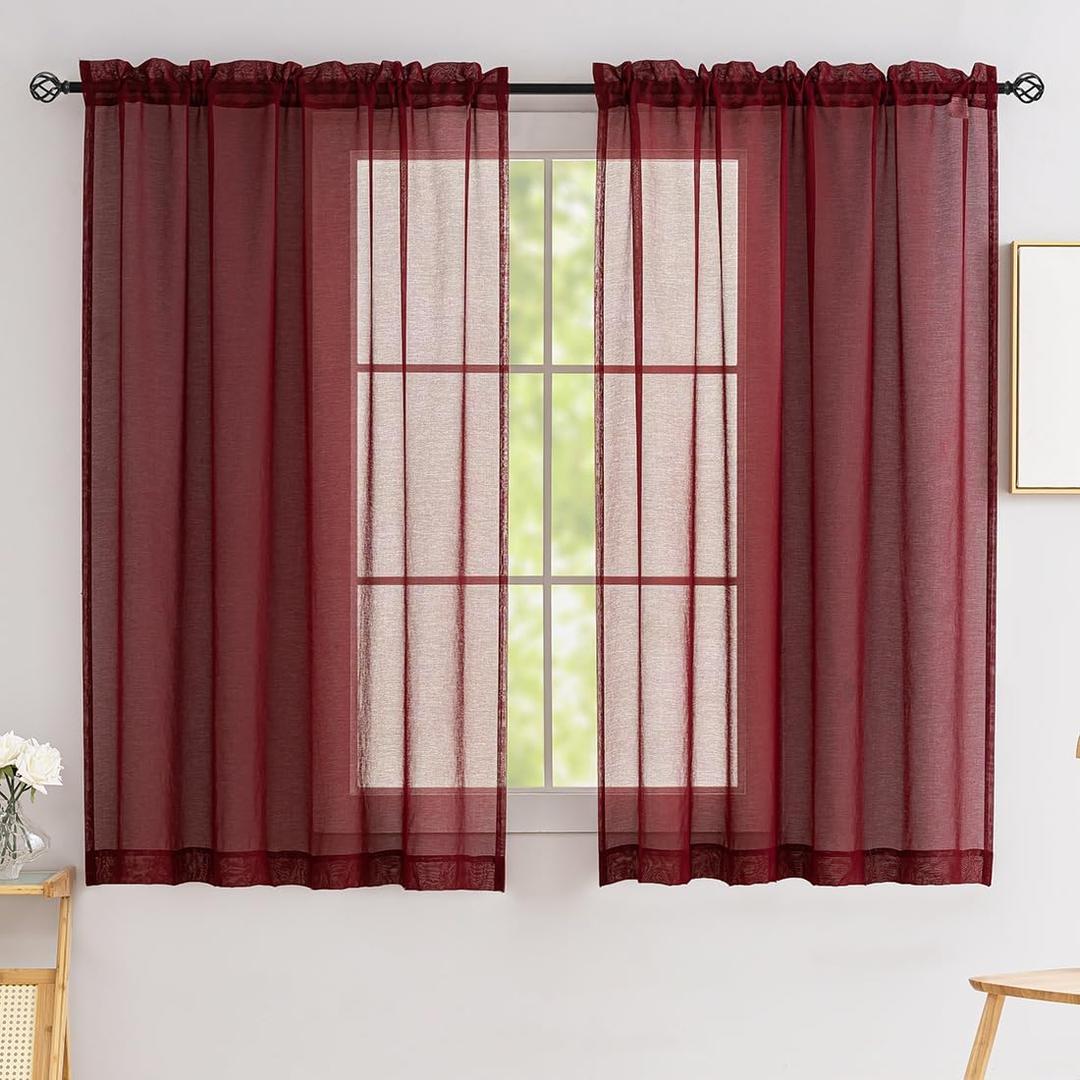 Sheer Curtains 45 Inch Length for Living Room Bedroom, Rod Pocket Polyester Semi Sheer Privacy Drapes, Window Treatments Semi Crinkle Curtain Panels for Kitchen Doorway Divider, Burgundy, 52" Wx 45"L