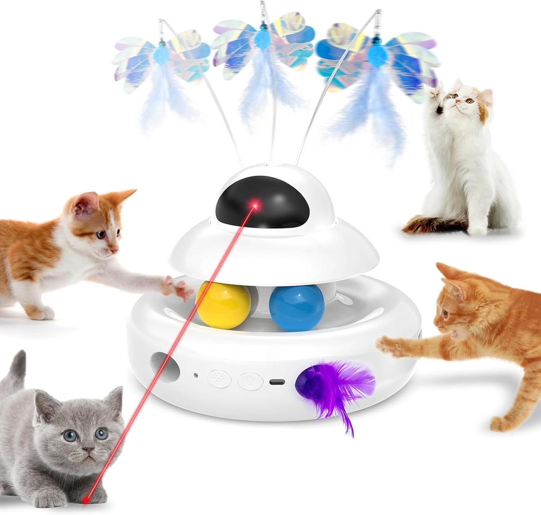 MOHAYA Cat Toys4-in-1 Interactive Cat Toy for Indoor Cats with Laser, Fluttering Butterfly, Moving Feather and Track Balls - USB Rechargeable Self-Play Kitten Toy (White)