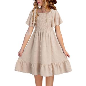 Blibean Tween Girls Summer Dresses Kids Polka Dot Dress Size 6-7 Years (Beige)