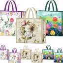NymphFable 6 Pack Grocery Bags Reusable Peony Colorful Flowers Butterflies Shopping Bags Washable Foldable Tote Bag