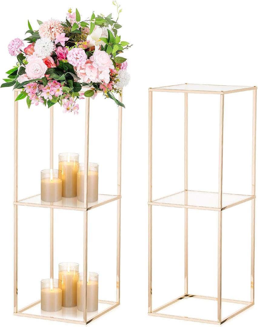 NUPTIO Gold Flower Stands for Centerpiece: 31.5 inch Tall Centerpiece for Wedding Table 2-Layer Pedestal Stand for Party Decoration Set of 2