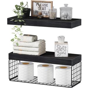 QEEIG Bathroom Shelves Over Toilet - Wall Mounted Floating Shelves Toilet Paper Storage Small Farmhouse Decor Shelf 16 inch Set of 2, Black (019-B2)
