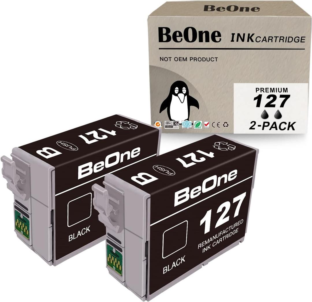 BeOne Remanufactured Ink Cartridges Replacement for Epson T127 127 to use with Workforce 60 545 630 633 635 645 840 845 WF-3520 WF-3530 WF-3540 WF-7010 WF-7510 WF-7520 Printer (2 Black)