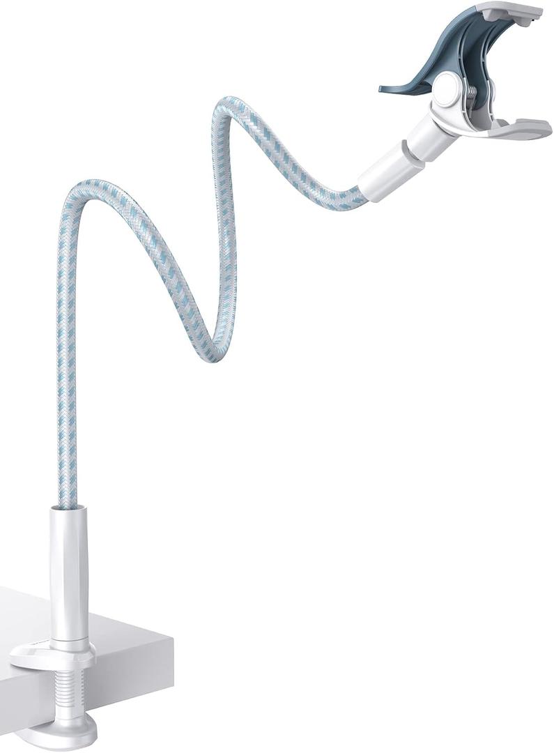 Lamicall Gooseneck Phone Holder Bed - [Nylon Braided] Flexible Arm, Overall Length 38inch, 360 Adjustable Clamp Clip, Overhead Cell Phone Mount Stand for Bed, Blue White