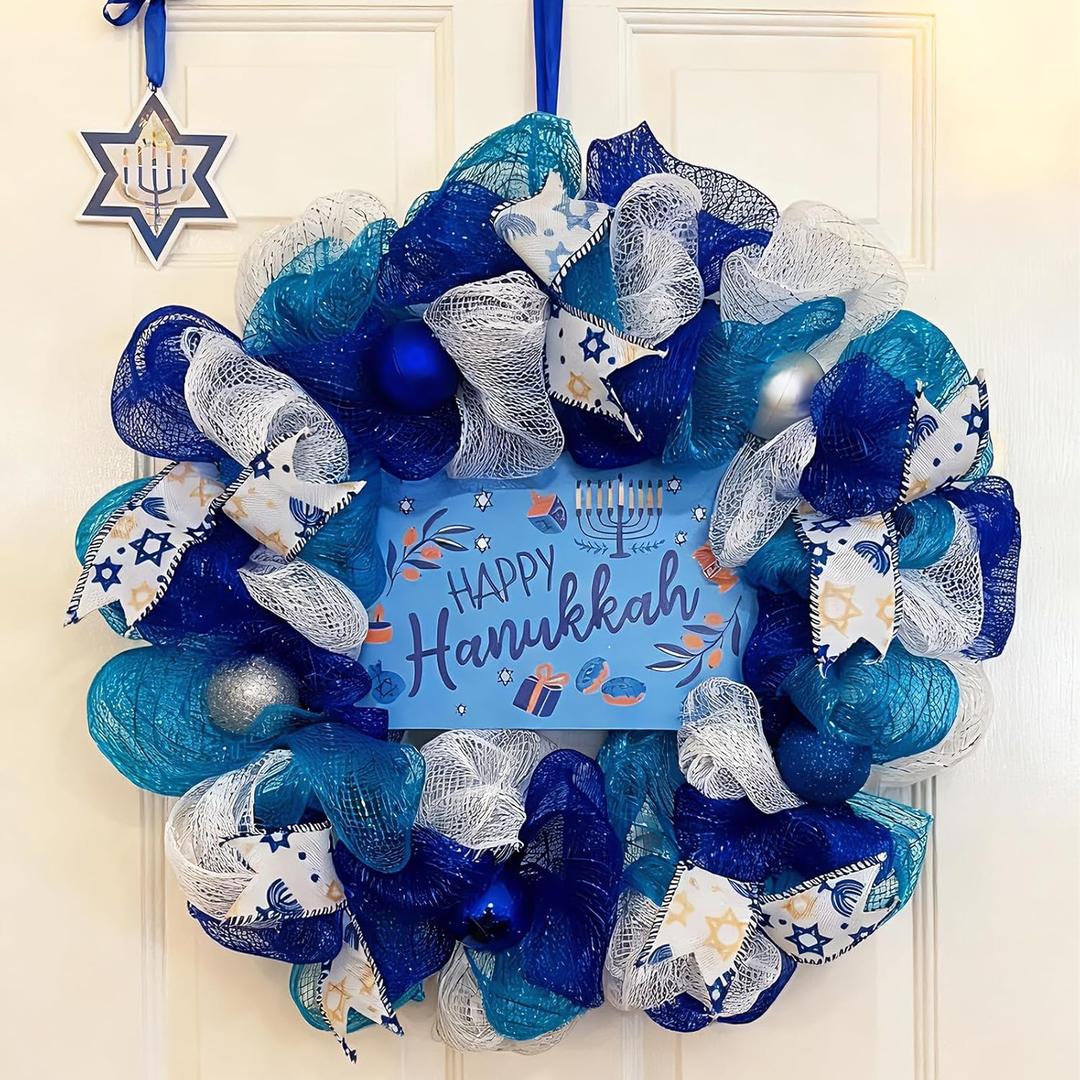 15 Inch Hanukkah Wreath for Front Door, Blue and White Mesh Chanukah Wreath with Happy Hanukkah Sign, Handmade Winter Holiday Door Decoration for Home Indoor Outdoor Party Decor